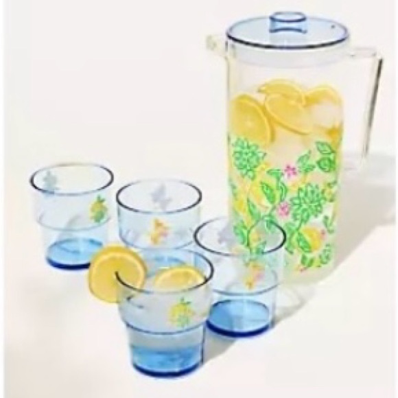 Lilly Pulitzer Other - Lilly Pulitzer Blue Glass Pitcher and Tumbler Set with Yellow Lemon Motif